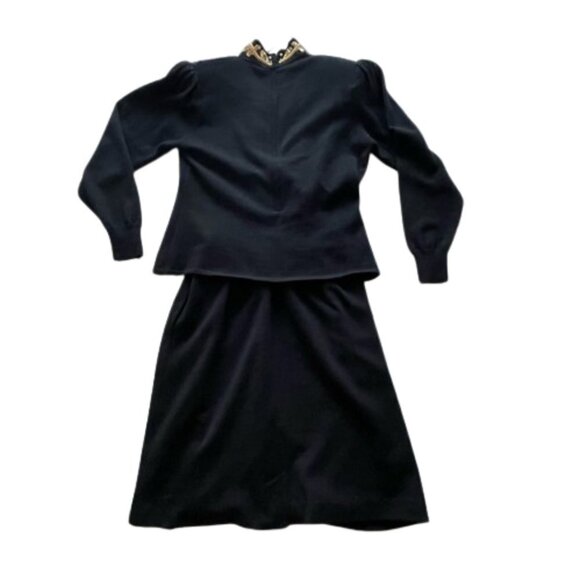 Vintage 80s black wool embellished peplum dress Ciao Ltd stones pearls sequins - Picture 6 of 11